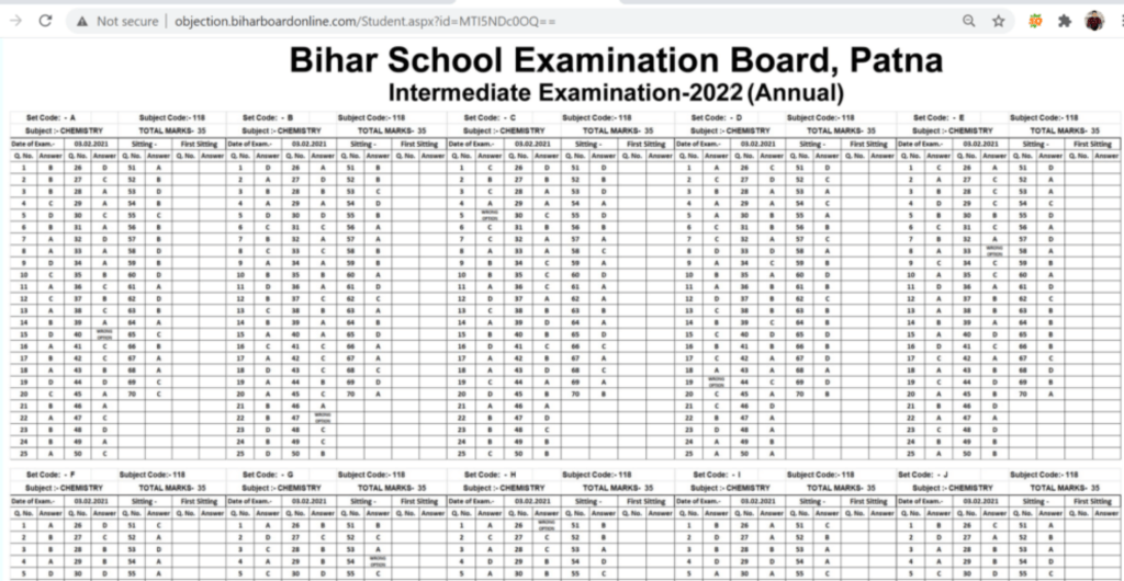 Bihar Board Matric 10th Objective Answer Key 2022