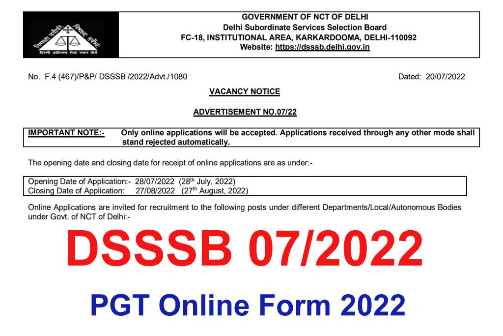DSSSB PGT Online Form 2022