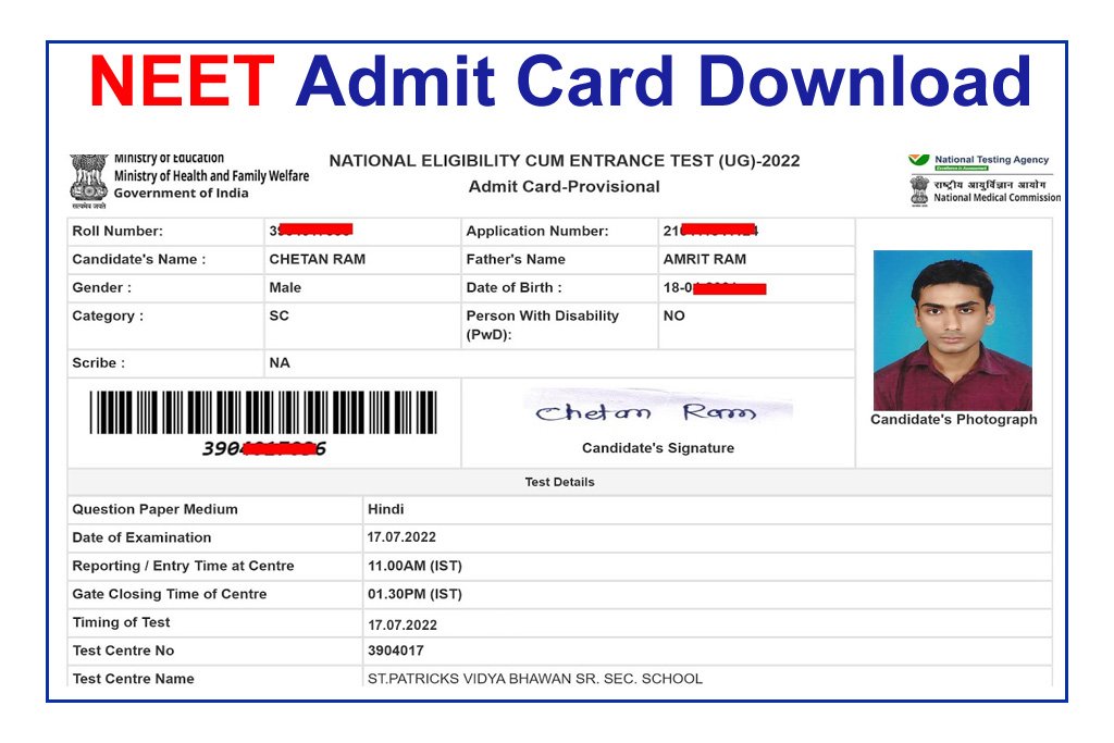 NEET UG Admit Card Download 2022 neet.nta.nic.in Hall Ticket Direct