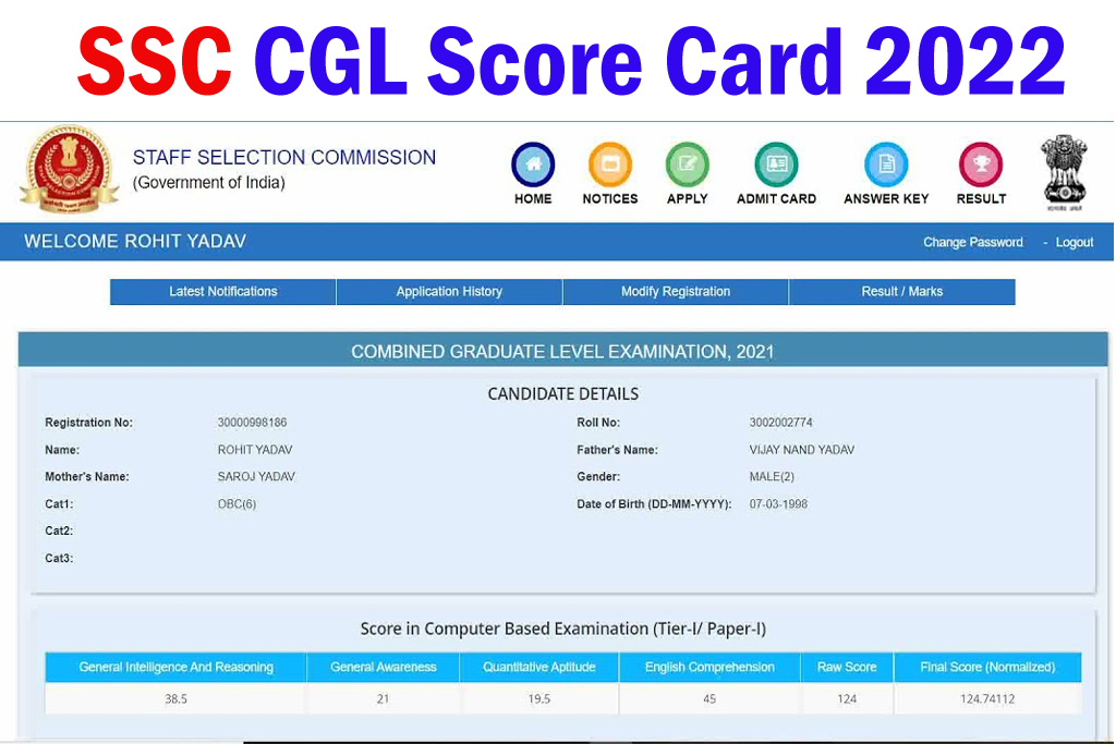 SSC CGL Score Card 2022