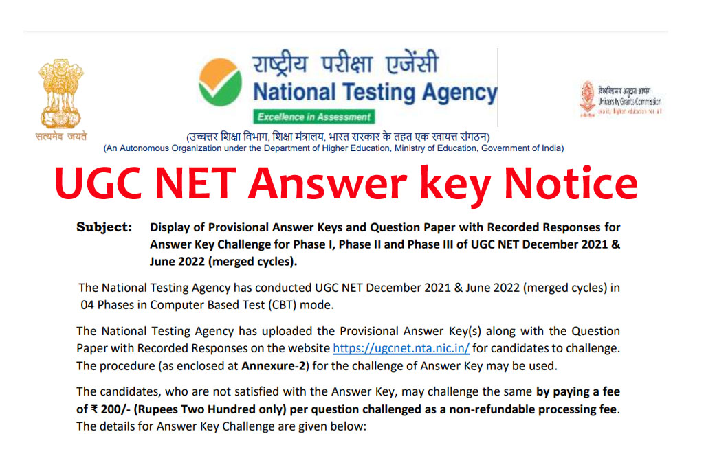 UGC NET Answer key Notice 2022