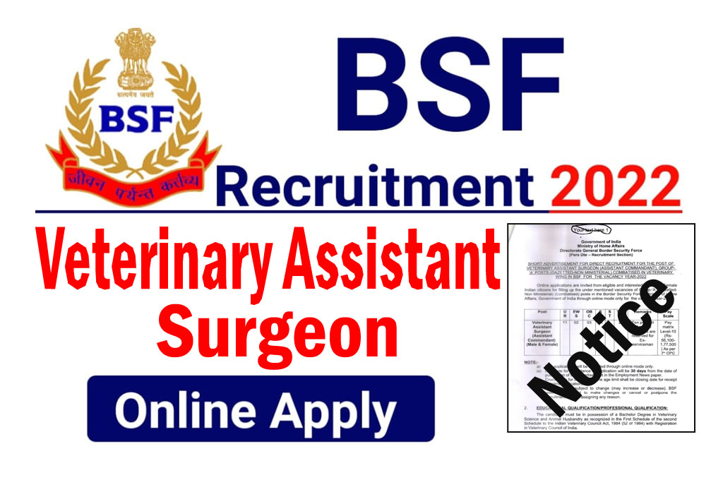 BSF Assistant Commandant Veterinary Assistant Surgeon Recruitment 2022-23