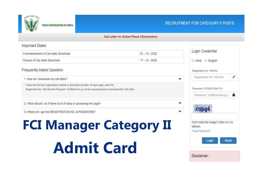 FCI Manager Category II Admit Card 2022