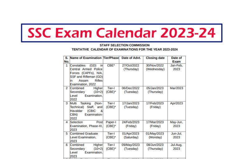 SSC Exam Calendar 2023-2024 Upcoming Exams Schedule OUT ssc.nic.in
