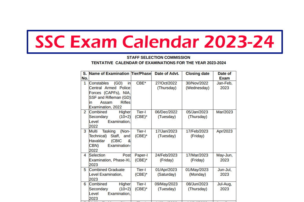 SSC Exam Calendar 2023-2024 Upcoming Exams Schedule OUT ssc.nic.in - All  Jobs For You