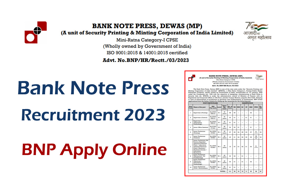 BNP Dewas Recruitment 2023 Online Form Bank Note Press Notification for 111 Vacancies bnpdewas.spmcil