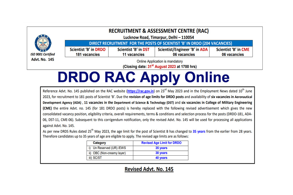 DRDO RAC Scientist B Recruitment 2023