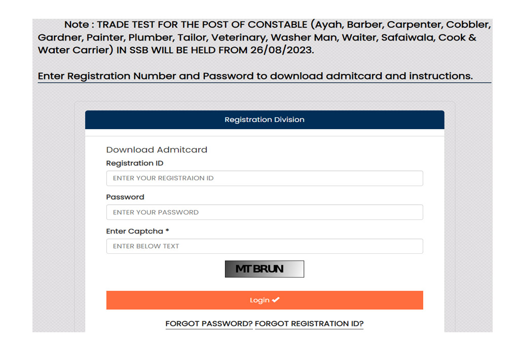 SSB Tradesman  Trade Test & Document Verification Admit Card 2023