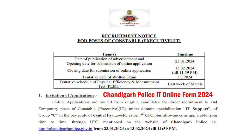 Chandigarh Police Constable IT Online Form 2024