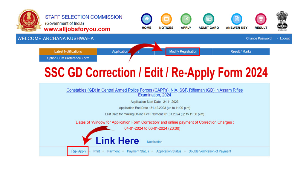 SSC GD Application Form Correction 2024, SSC Constable Edit Form, Re-submitting Modified & Registration Link