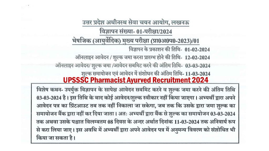 UPSSSC Pharmacist Ayurved Recruitment 2024 