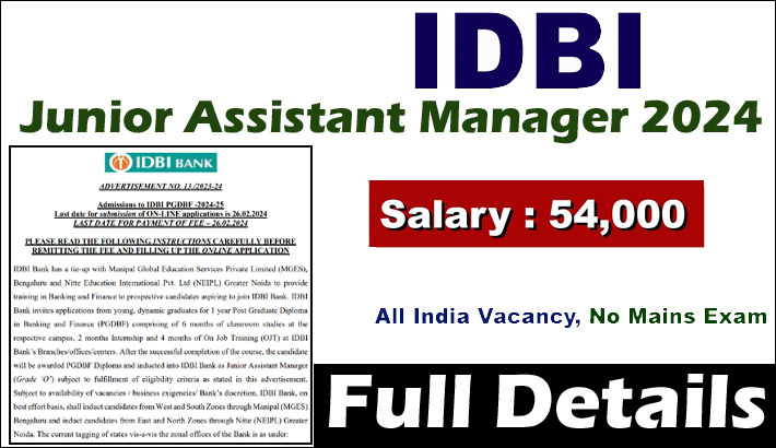 IDBI Bank Jr. Assistant Manager Recruitment 2024