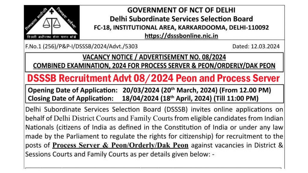 DSSSB Recruitment Advt 08/2024 Peon and Process Server