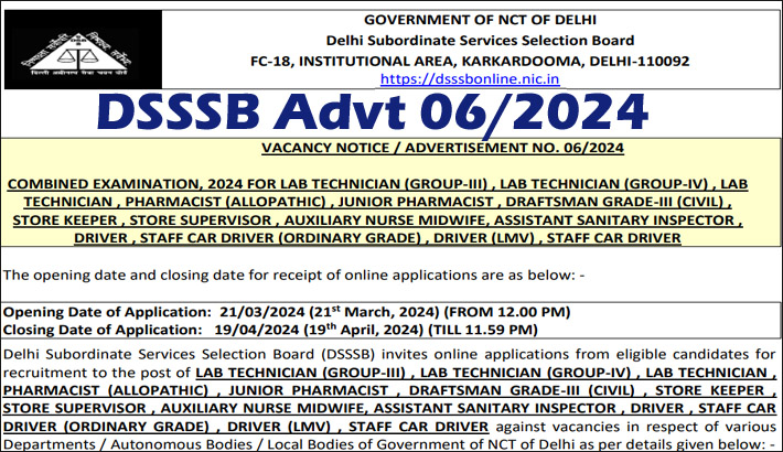 DSSSB Advt 06/2024 Recruitment 2024