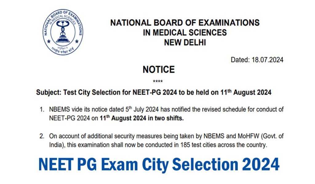 NEET PG Exam City Selection 2024