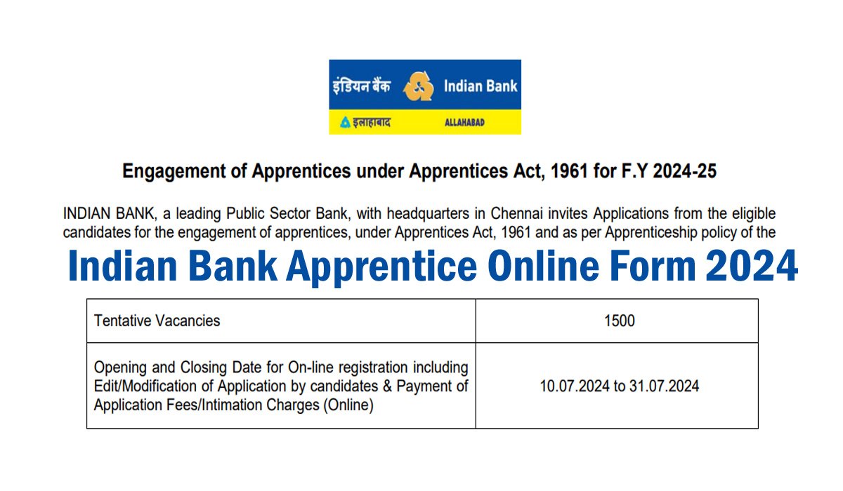 Indian Bank Apprentice Recruitment 2024 Notification, Apply Online Form