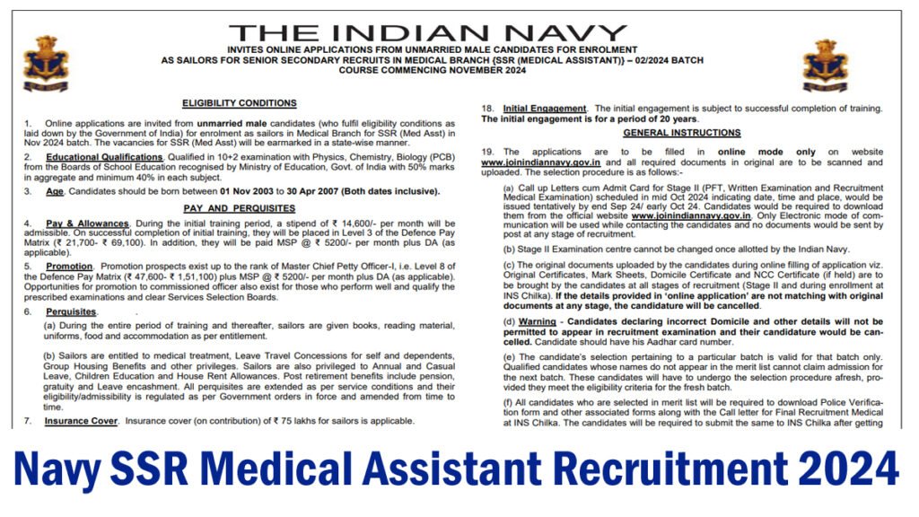 Indian Navy SSR Medical Assistant Recruitment 2024 