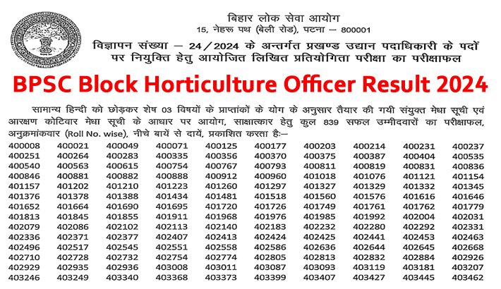 BPSC Block Horticulture Officer Result 2024