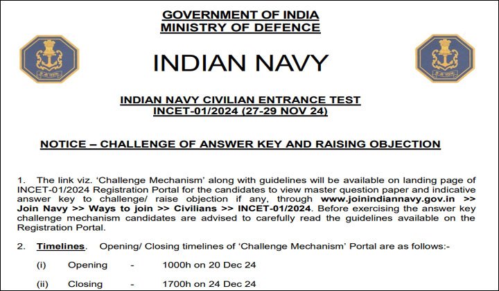 Indian Navy Civilian INCET 01/2024 Answer Key 