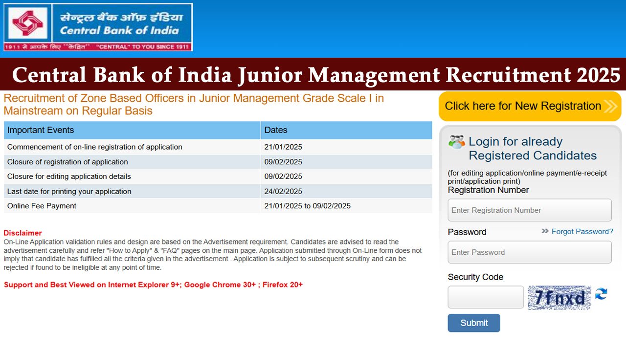 Central Bank of India Junior Management Recruitment 2025