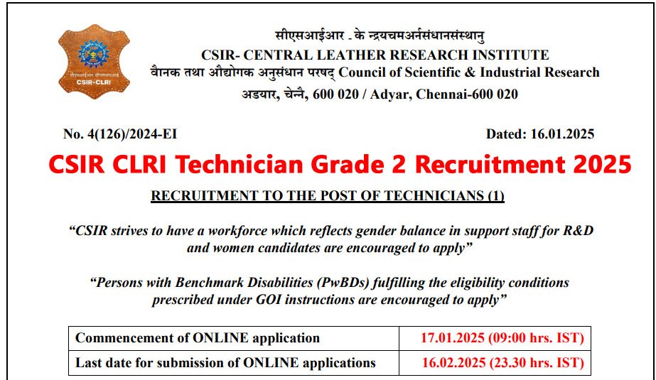 CSIR CLRI Technician Grade 2 Recruitment 2025