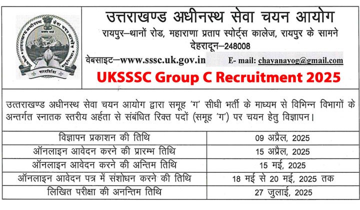 UKSSSC Group C Recruitment 2025 Notification released For 416 Posts, Apply Online