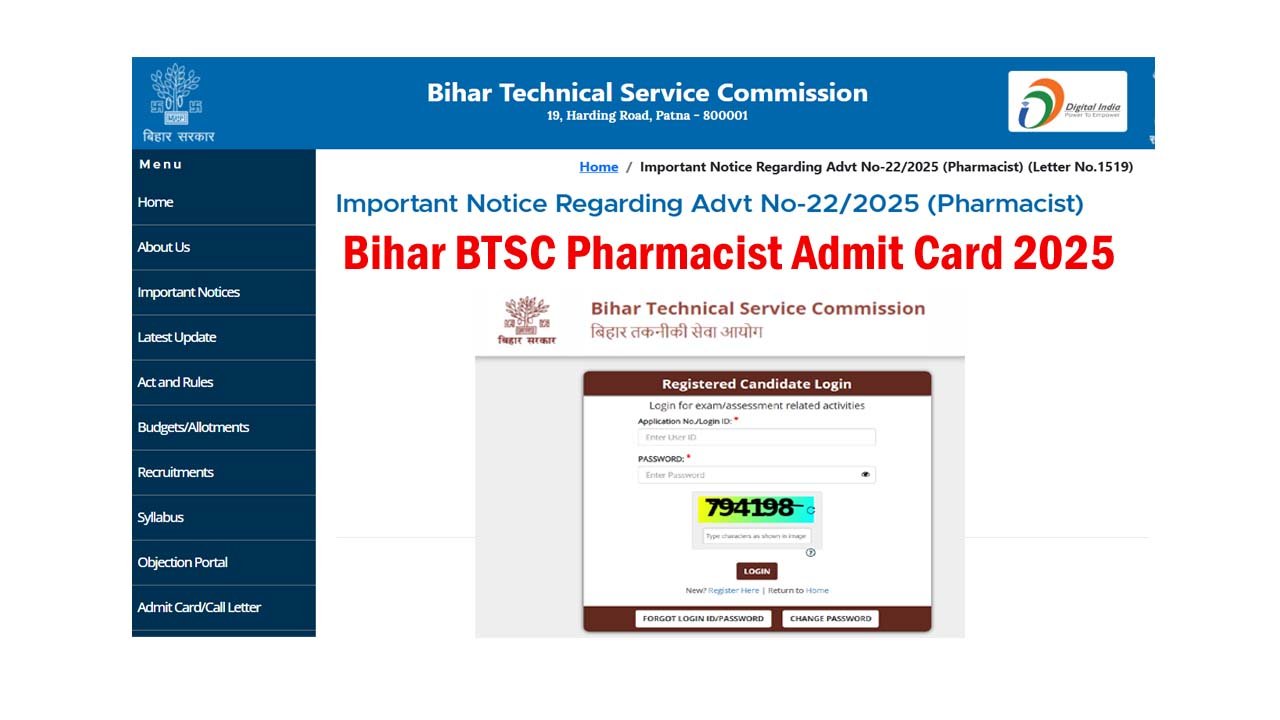Bihar BTSC Pharmacist Admit Card 2025