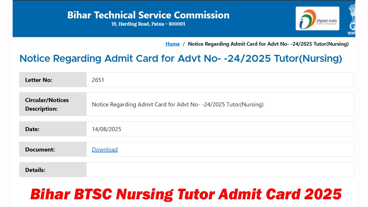 Bihar BTSC Nursing Tutor Admit Card 2025
