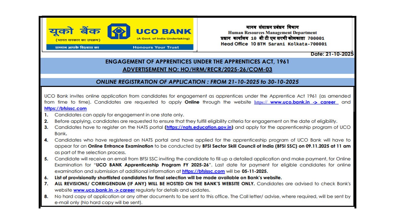 UCO Bank Apprentice Recruitment 2025