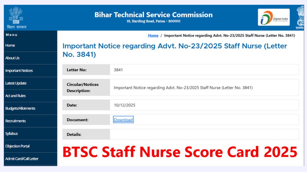 BTSC Staff Nurse Score Card 2025 / BTSC Staff Nurse Result 2025