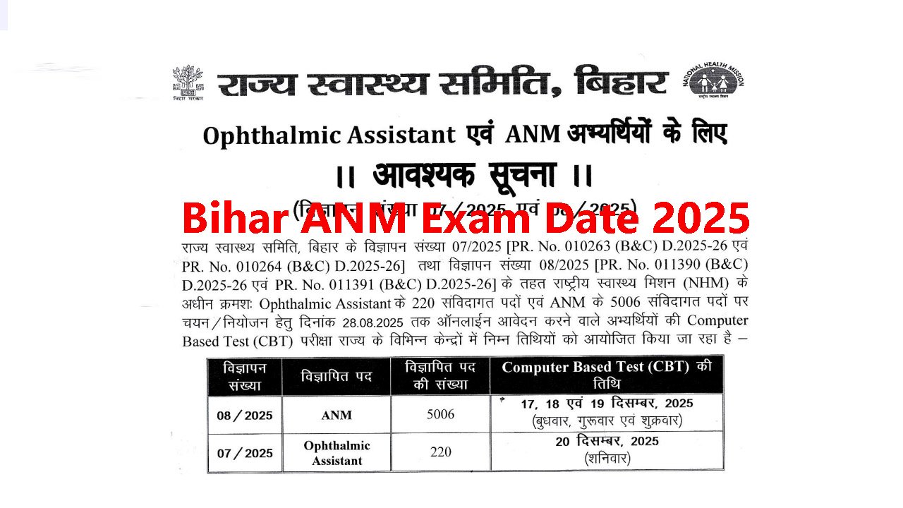 Bihar ANM Exam Date 2025