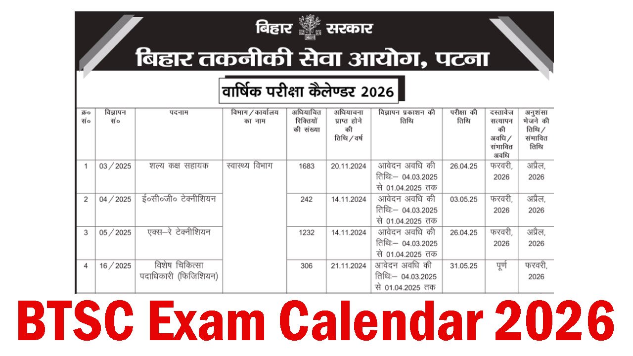BTSC Exam Calendar 2026