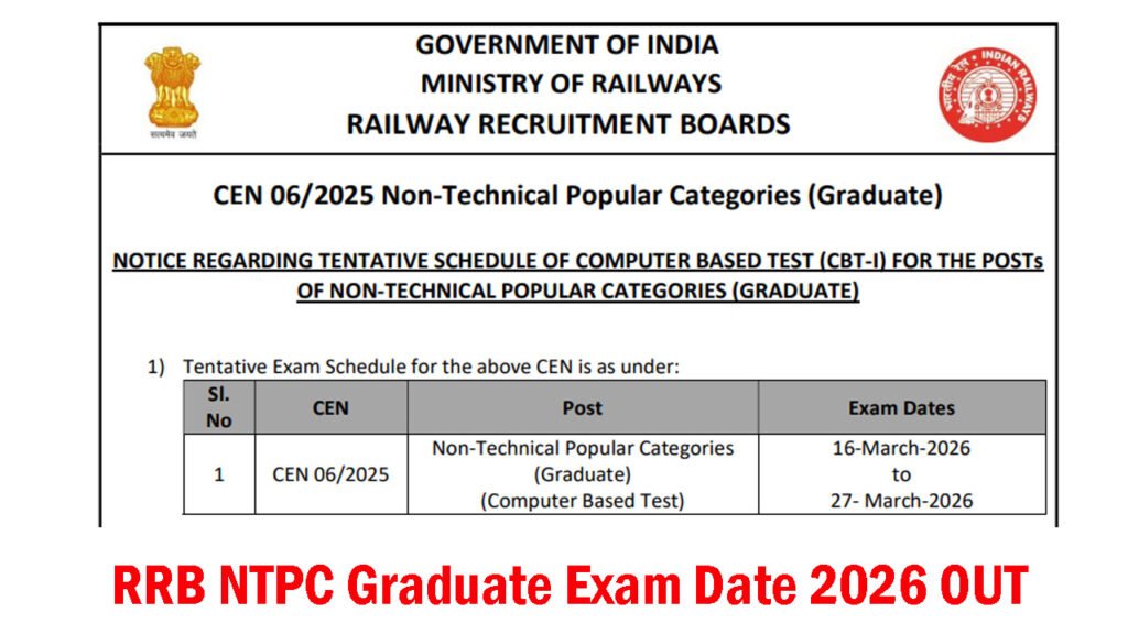 RRB NTPC Graduate Exam Date 2026