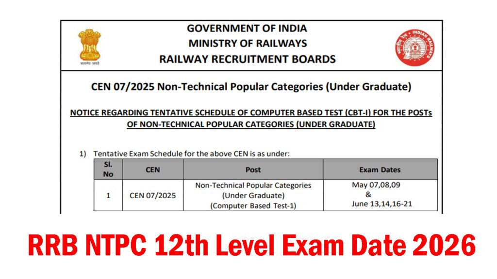 RRB NTPC Under Graduate Level Exam Date 2026