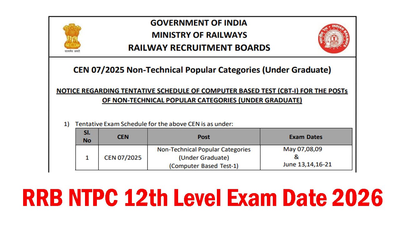 RRB NTPC Under Graduate Level Exam Date 2026