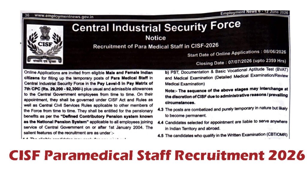 CISF Paramedical Staff Recruitment 2026