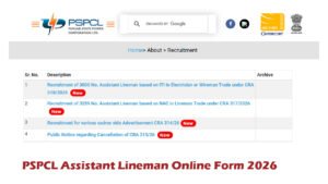 PSPCL Assistant Lineman Online Form 2026 Notification for 6289 Posts, Recruitment PSPCL Assistant Lineman Online Form 2026