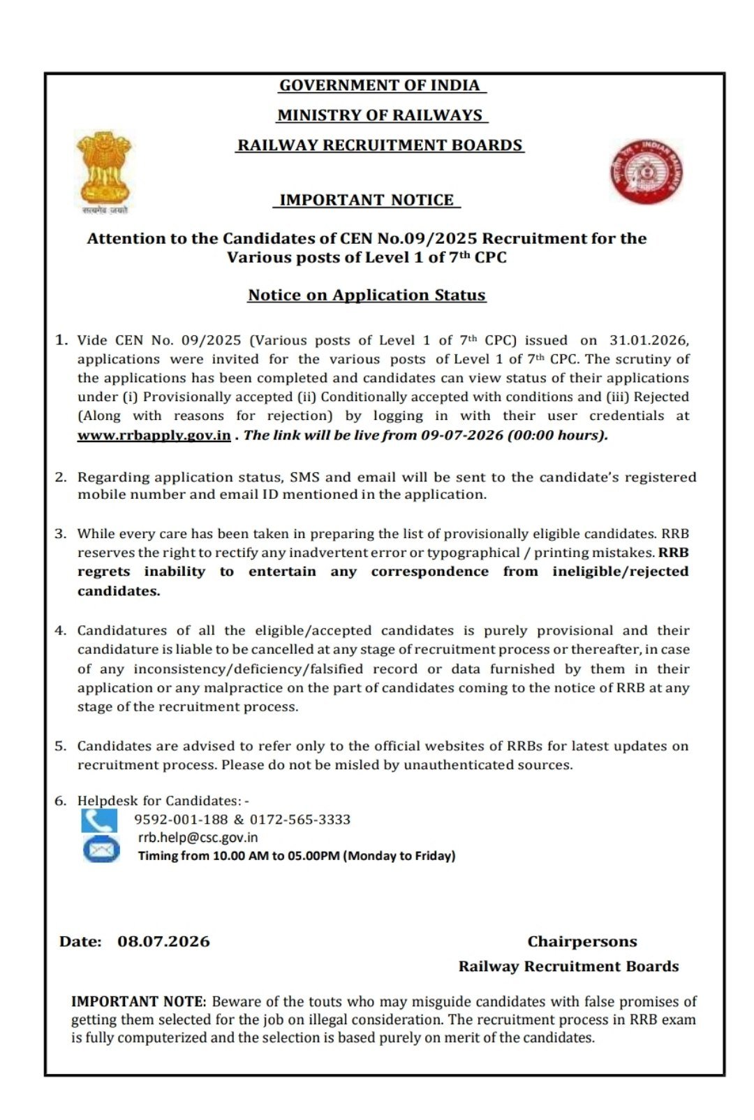 RRB Group D Application Status 2026